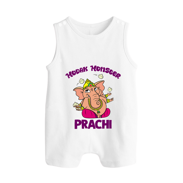 Modak Monster Romper Suit | Personalized Baby Romper Suit for Little Ganesha - WHITE - 0 - 5 Months Old (Chest 18")