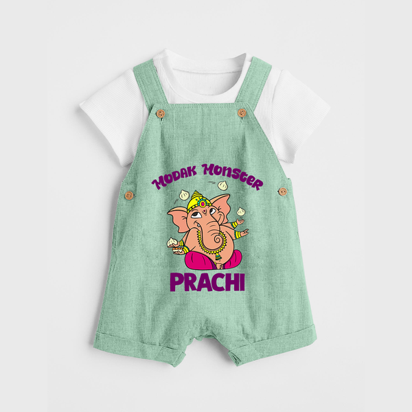 Modak Monster Dungaree | Personalized Baby Dungaree for Little Ganesha - MINT GREEN - 0 - 5 Months Old (Chest 18")