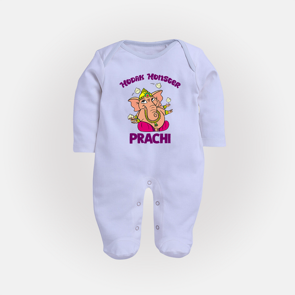 Modak Monster Sleep Suit | Personalized Baby Sleep Suit for Little Ganesha - BABY BLUE - New Born (Chest 7.5")