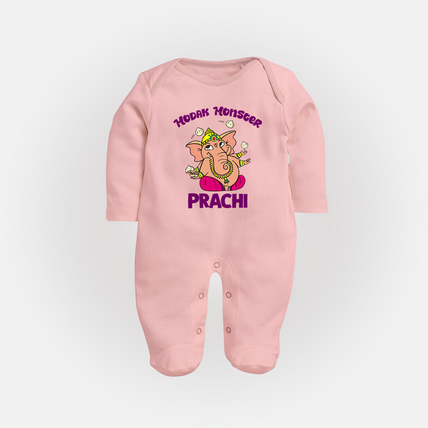 Modak Monster Sleep Suit | Personalized Baby Sleep Suit for Little Ganesha - BABY PINK - New Born (Chest 7.5")