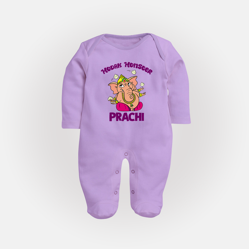 Modak Monster Sleep Suit | Personalized Baby Sleep Suit for Little Ganesha - LILAC - New Born (Chest 7.5")