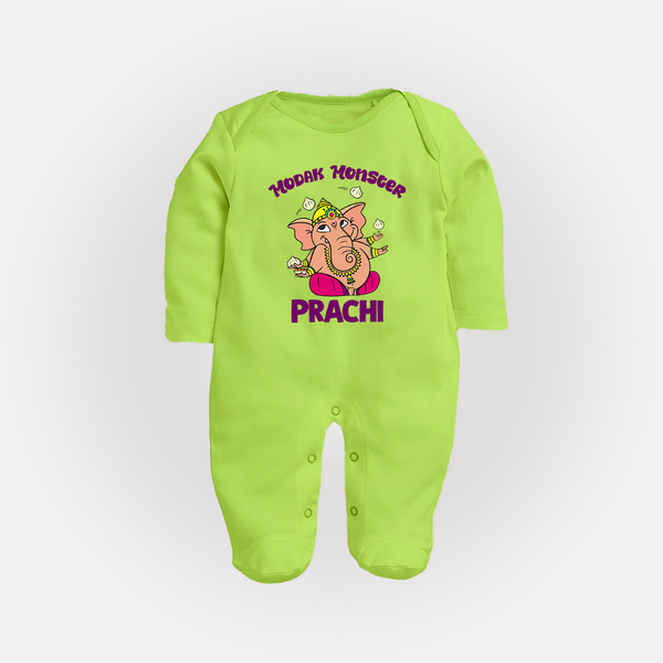 Modak Monster Sleep Suit | Personalized Baby Sleep Suit for Little Ganesha - LIME GREEN - New Born (Chest 7.5")