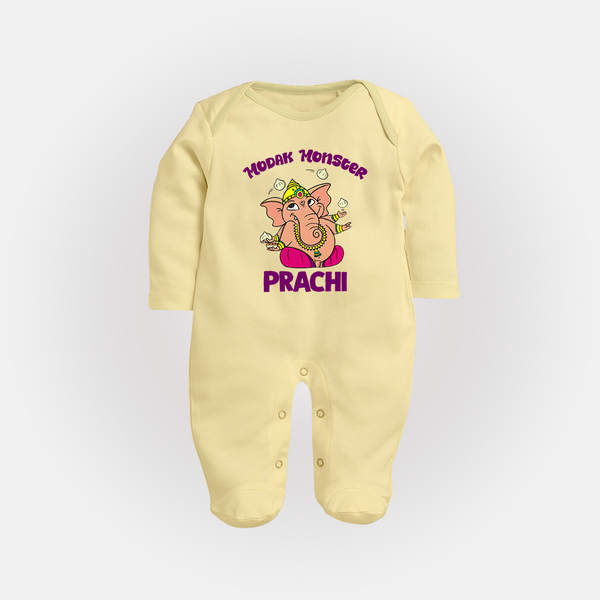 Modak Monster Sleep Suit | Personalized Baby Sleep Suit for Little Ganesha - PASTEL YELLOW - New Born (Chest 7.5")