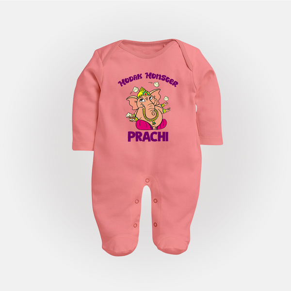 Modak Monster Sleep Suit | Personalized Baby Sleep Suit for Little Ganesha - PEACH - New Born (Chest 7.5")