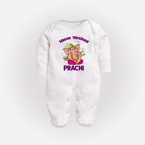 Modak Monster Sleep Suit | Personalized Baby Sleep Suit for Little Ganesha - WHITE - New Born (Chest 7.5")