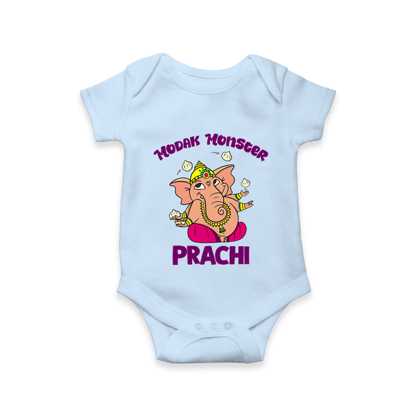 Modak Monster Romper / Onesie | Personalized Baby Romper / Onesie for Little Ganesha - BABY BLUE - New Born (Chest 14")