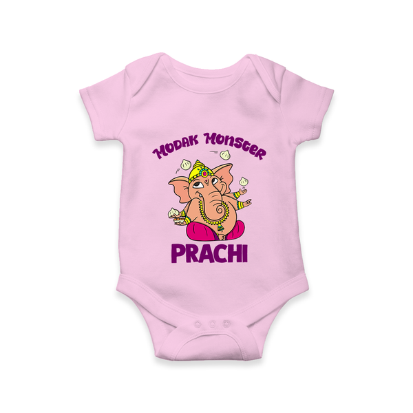 Modak Monster Romper / Onesie | Personalized Baby Romper / Onesie for Little Ganesha - BABY PINK - New Born (Chest 14")
