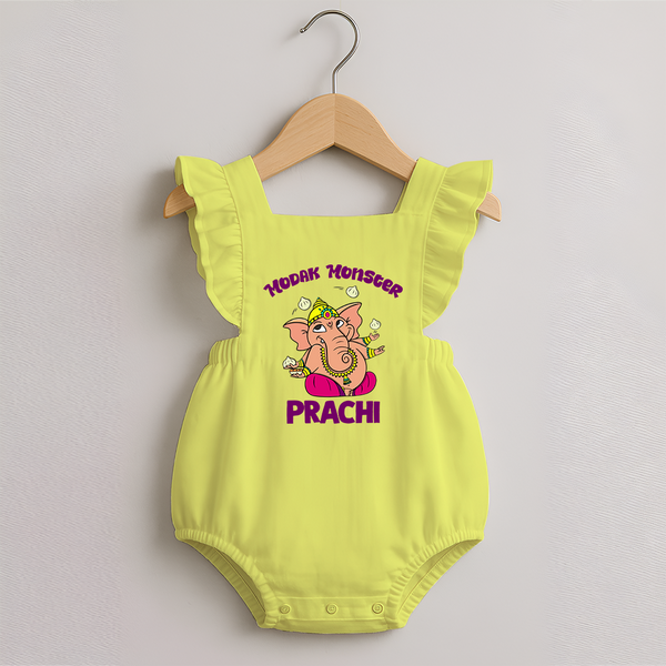 Modak Monster Romper Frock | Personalized Baby Romper Frock for Little Ganesha - PASTEL YELLOW - 0 - 3 Months Old (Chest 19")