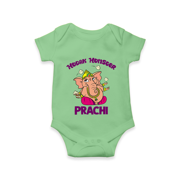 Modak Monster Romper / Onesie | Personalized Baby Romper / Onesie for Little Ganesha - GREEN - New Born (Chest 14")