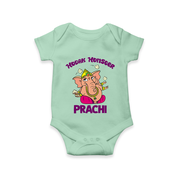 Modak Monster Romper / Onesie | Personalized Baby Romper / Onesie for Little Ganesha - MINT GREEN - New Born (Chest 14")