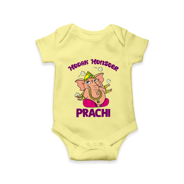 Modak Monster Romper / Onesie | Personalized Baby Romper / Onesie for Little Ganesha - PASTEL YELLOW - New Born (Chest 14")