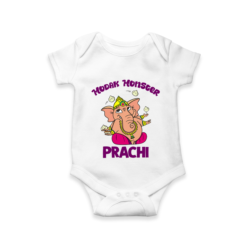 Modak Monster Romper / Onesie | Personalized Baby Romper / Onesie for Little Ganesha - WHITE - New Born (Chest 14")
