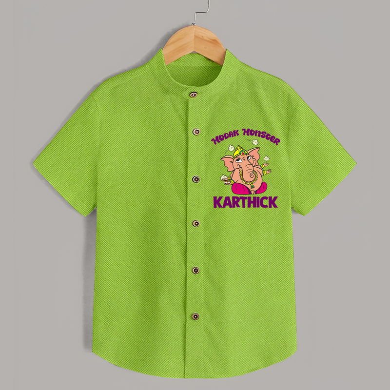 Modak Monster Shirt | Personalized Baby Shirt for Little Ganesha - LIME GREEN - 0 - 6 Months Old (Chest 23")