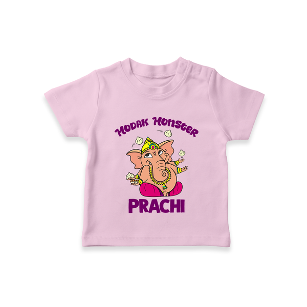 Modak Monster T-shirt | Personalized Baby T-shirt for Little Ganesha - BABY PINK - 0-5 Months Old (Chest 17")