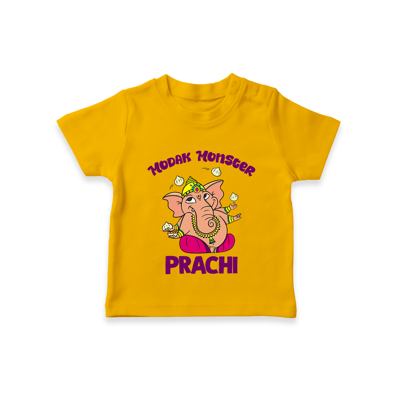 Modak Monster T-shirt | Personalized Baby T-shirt for Little Ganesha - CHROME YELLOW - 0-5 Months Old (Chest 17")