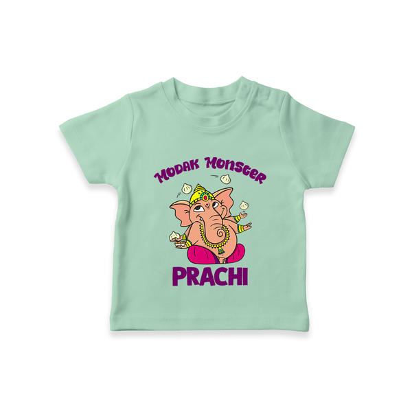 Modak Monster T-shirt | Personalized Baby T-shirt for Little Ganesha - MINT GREEN - 0-5 Months Old (Chest 17")