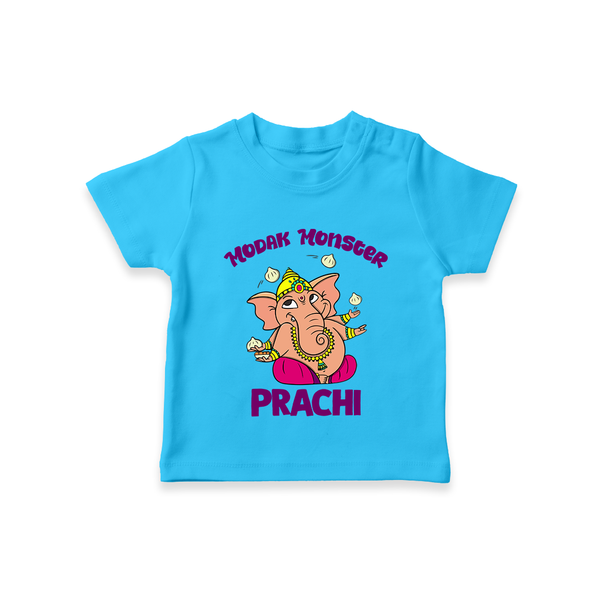 Modak Monster T-shirt | Personalized Baby T-shirt for Little Ganesha - SKY BLUE - 0-5 Months Old (Chest 17")