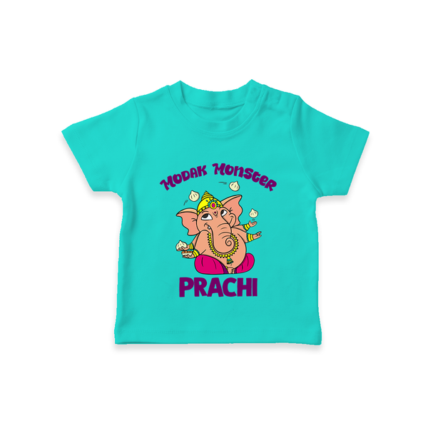 Modak Monster T-shirt | Personalized Baby T-shirt for Little Ganesha - TEAL - 0-5 Months Old (Chest 17")