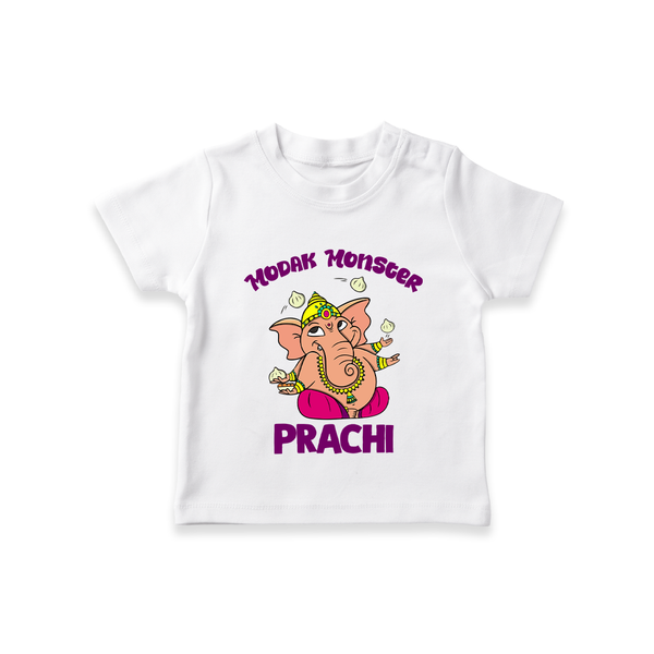 Modak Monster T-shirt | Personalized Baby T-shirt for Little Ganesha - WHITE - 0-5 Months Old (Chest 17")