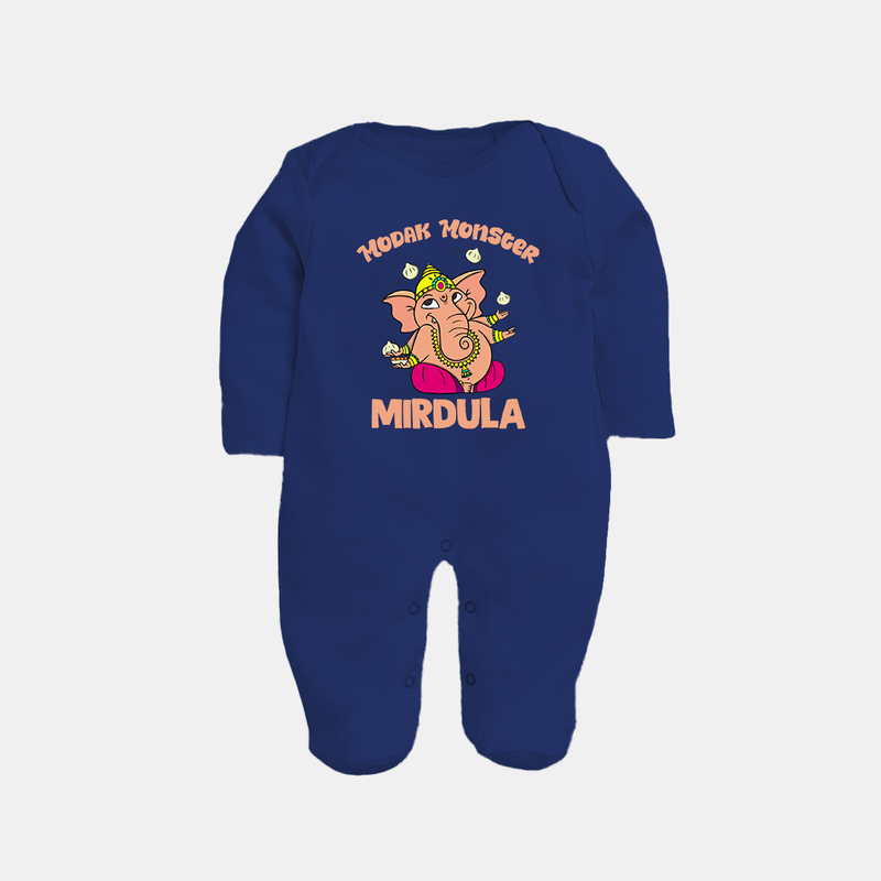 Modak Monster Sleep Suit | Personalized Baby Sleep Suit for Little Ganesha - NAVY BLUE - New Born (Chest 7.5")