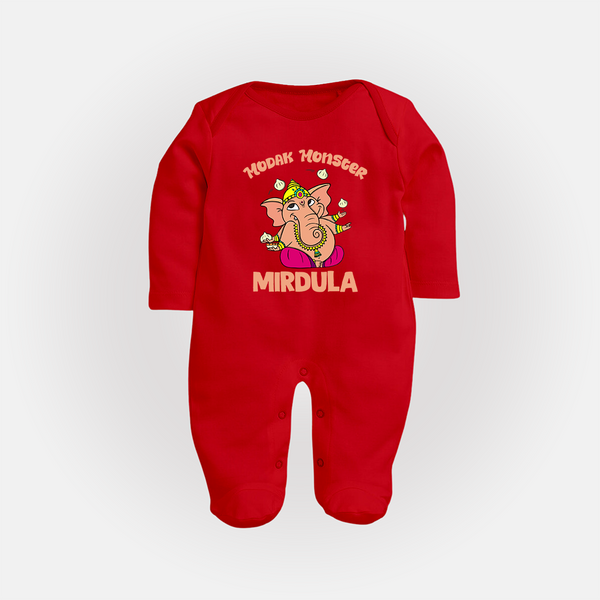 Modak Monster Sleep Suit | Personalized Baby Sleep Suit for Little Ganesha - RED - New Born (Chest 7.5")