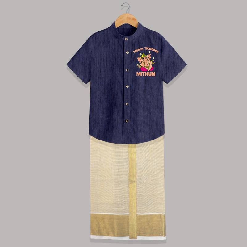 Modak Monster Shirt and Dhoti | Personalized Baby Shirt and Dhoti for Little Ganesha - DARK BLUE - 0 - 6 Months Old (Chest-23") (Dhoti length-14")