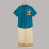 Modak Monster Shirt and Dhoti | Personalized Baby Shirt and Dhoti for Little Ganesha - PEACOCK BLUE - 0 - 6 Months Old (Chest-23") (Dhoti length-14")
