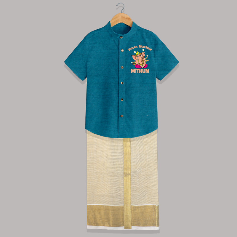 Modak Monster Shirt and Dhoti | Personalized Baby Shirt and Dhoti for Little Ganesha - PEACOCK BLUE - 0 - 6 Months Old (Chest-23") (Dhoti length-14")