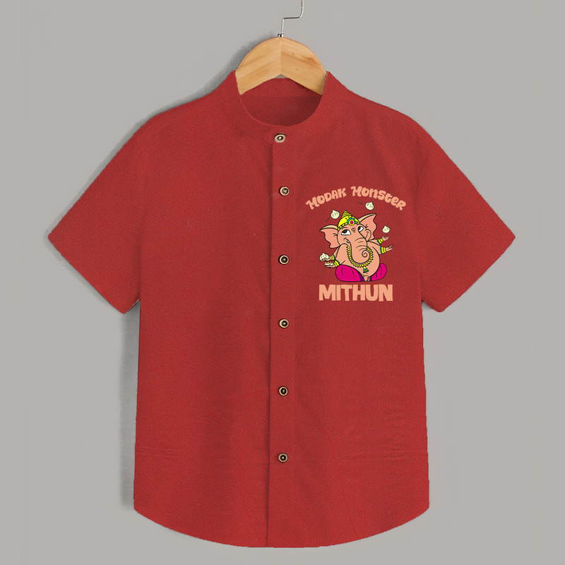 Modak Monster Shirt | Personalized Baby Shirt for Little Ganesha - RED - 0 - 6 Months Old (Chest 23")