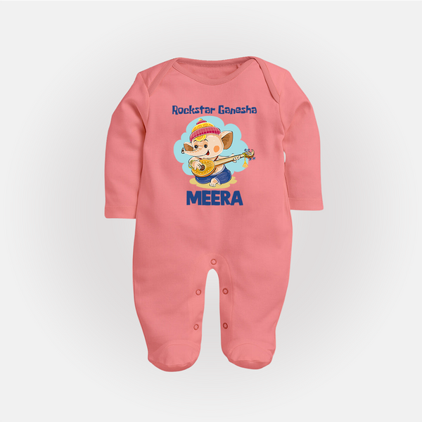 Rockstar Ganesha Sleep Suit | Custom Baby Sleep Suit for Your Little Rockstar - PEACH - New Born (Chest 7.5")