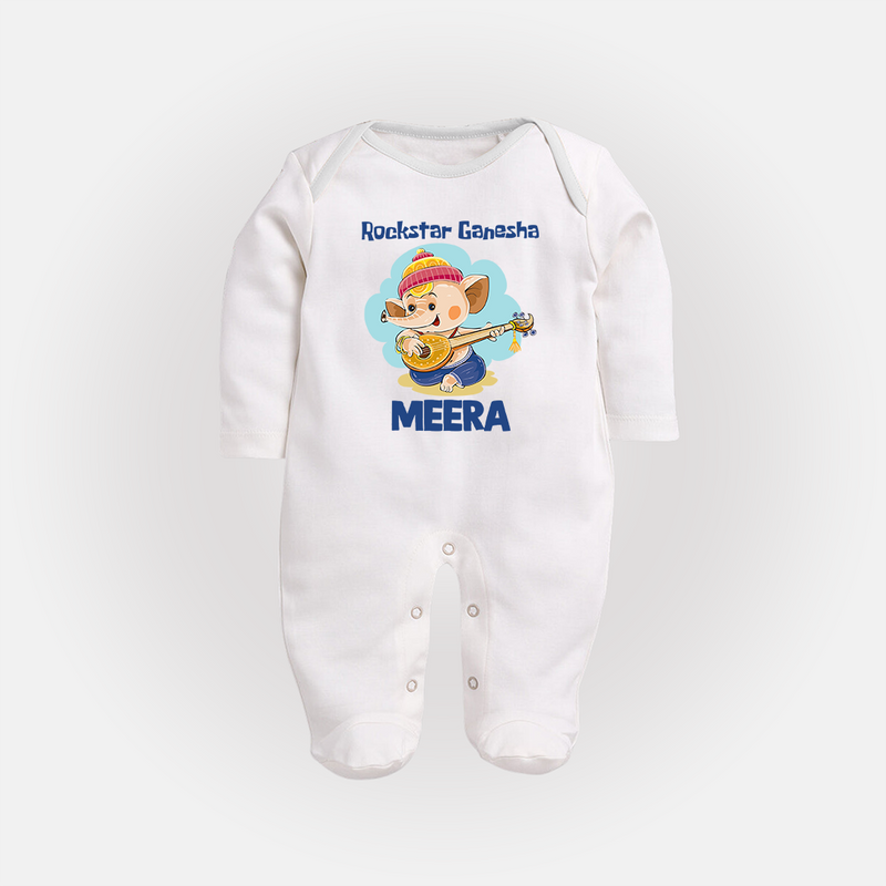 Rockstar Ganesha Sleep Suit | Custom Baby Sleep Suit for Your Little Rockstar - WHITE - New Born (Chest 7.5")