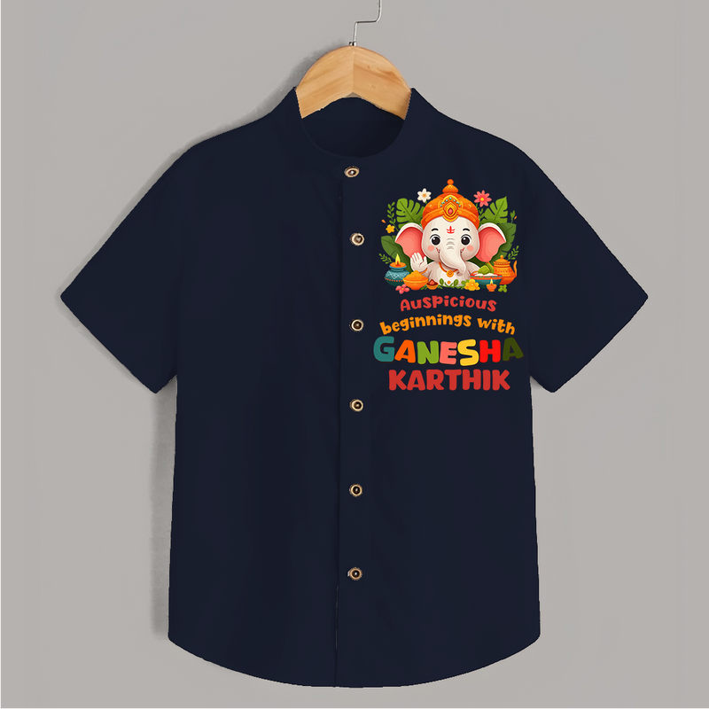 Auspicious Beginnings With Ganesha - Customised Shirt for Kids - NAVY BLUE - 0-6 Months Old (Chest 23")