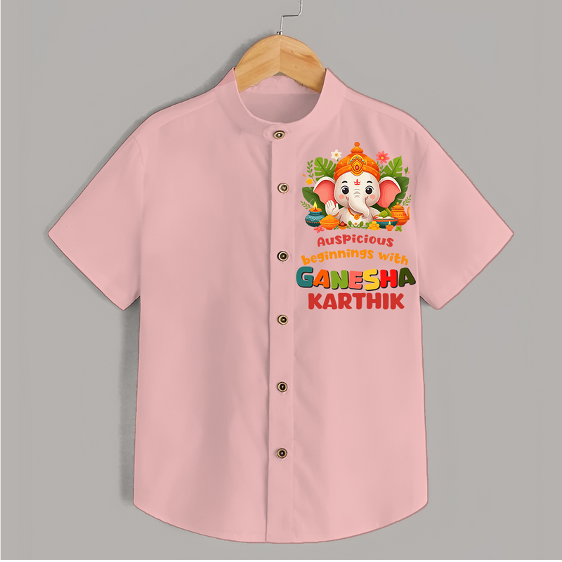 Auspicious Beginnings With Ganesha - Customised Shirt for Kids - PEACH - 0-6 Months Old (Chest 23")