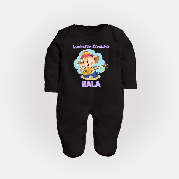 Rockstar Ganesha Sleep Suit | Custom Baby Sleep Suit for Your Little Rockstar - BLACK - New Born (Chest 7.5")