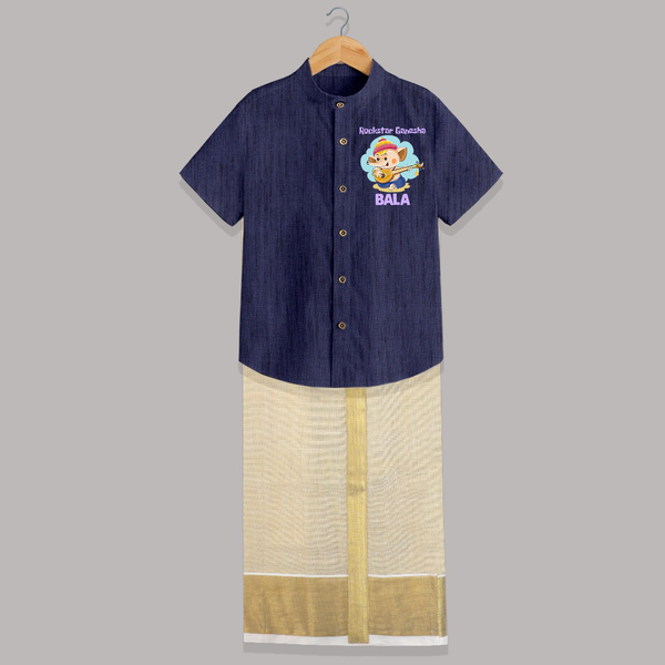 Rockstar Ganesha Shirt and Dhoti | Custom Baby Shirt and Dhoti for Your Little Rockstar - DARK BLUE - 0 - 6 Months Old (Chest-23") (Dhoti length-14")