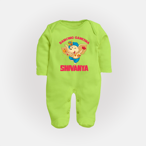 Dancing Ganesha Sleep Suit | Personalized Baby Sleep Suit for the Little Dancer - LIME GREEN - New Born (Chest 7.5")