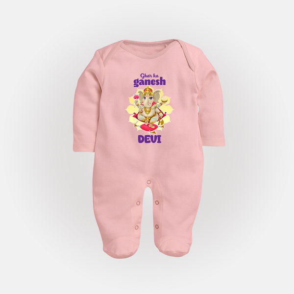 Ghar Ka Ganesha Sleep Suit | Custom Baby Sleep Suit for Your Home's Ganesha - BABY PINK - New Born (Chest 7.5")
