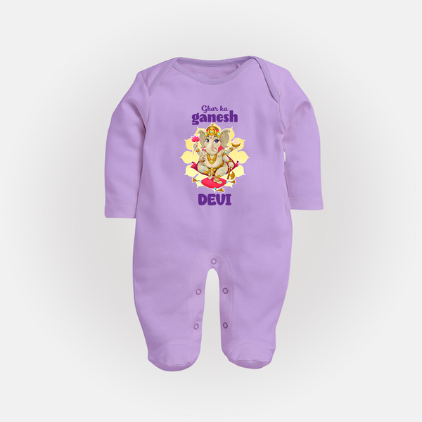 Ghar Ka Ganesha Sleep Suit | Custom Baby Sleep Suit for Your Home's Ganesha - LILAC - New Born (Chest 7.5")