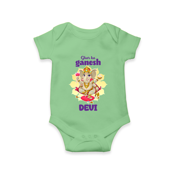 Ghar Ka Ganesha Romper / Onesie | Custom Baby Romper / Onesie for Your Home's Ganesha - GREEN - New Born (Chest 14")