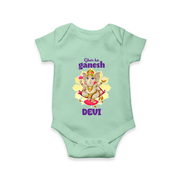 Ghar Ka Ganesha Romper / Onesie | Custom Baby Romper / Onesie for Your Home's Ganesha - MINT GREEN - New Born (Chest 14")