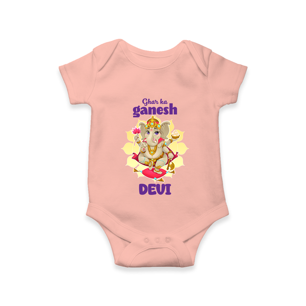 Ghar Ka Ganesha Romper / Onesie | Custom Baby Romper / Onesie for Your Home's Ganesha - PEACH - New Born (Chest 14")