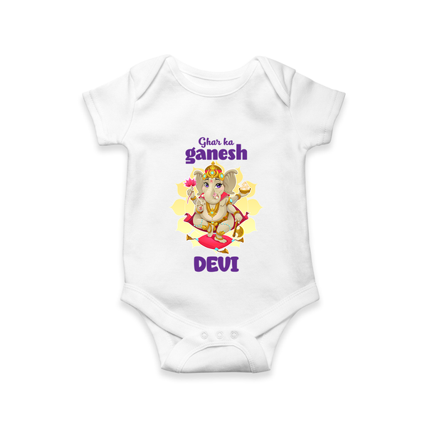 Ghar Ka Ganesha Romper / Onesie | Custom Baby Romper / Onesie for Your Home's Ganesha - WHITE - New Born (Chest 14")