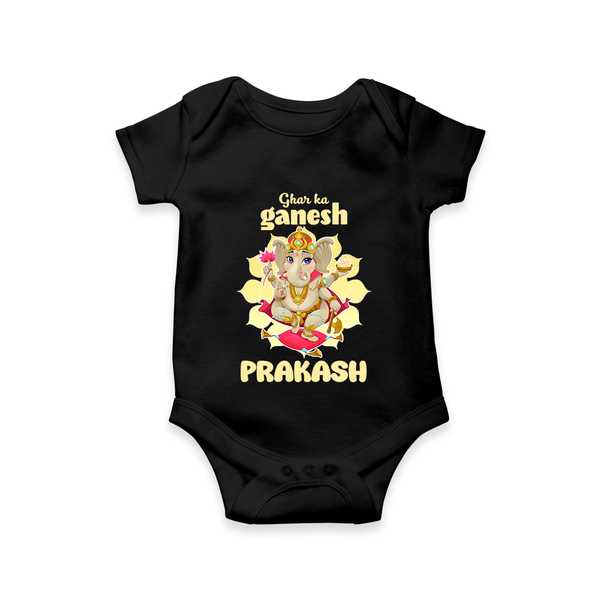 Ghar Ka Ganesha Romper / Onesie | Custom Baby Romper / Onesie for Your Home's Ganesha - BLACK - New Born (Chest 14")