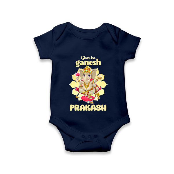 Ghar Ka Ganesha Romper / Onesie | Custom Baby Romper / Onesie for Your Home's Ganesha - NAVY BLUE - New Born (Chest 14")