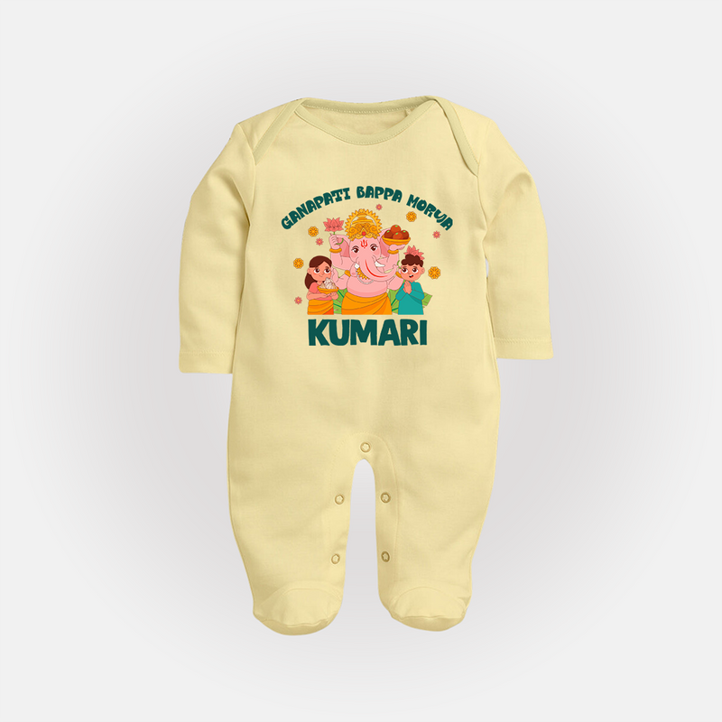 Ganapati Bappa Morya Sleep Suit | Personalized Baby Sleep Suit for Ganesh Chaturthi - PASTEL YELLOW - New Born (Chest 7.5")