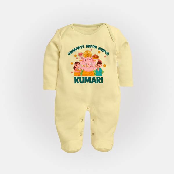 Ganapati Bappa Morya Sleep Suit | Personalized Baby Sleep Suit for Ganesh Chaturthi - PASTEL YELLOW - New Born (Chest 7.5")