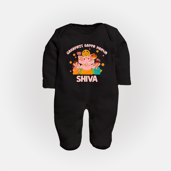 Ganapati Bappa Morya Sleep Suit | Personalized Baby Sleep Suit for Ganesh Chaturthi - BLACK - New Born (Chest 7.5")