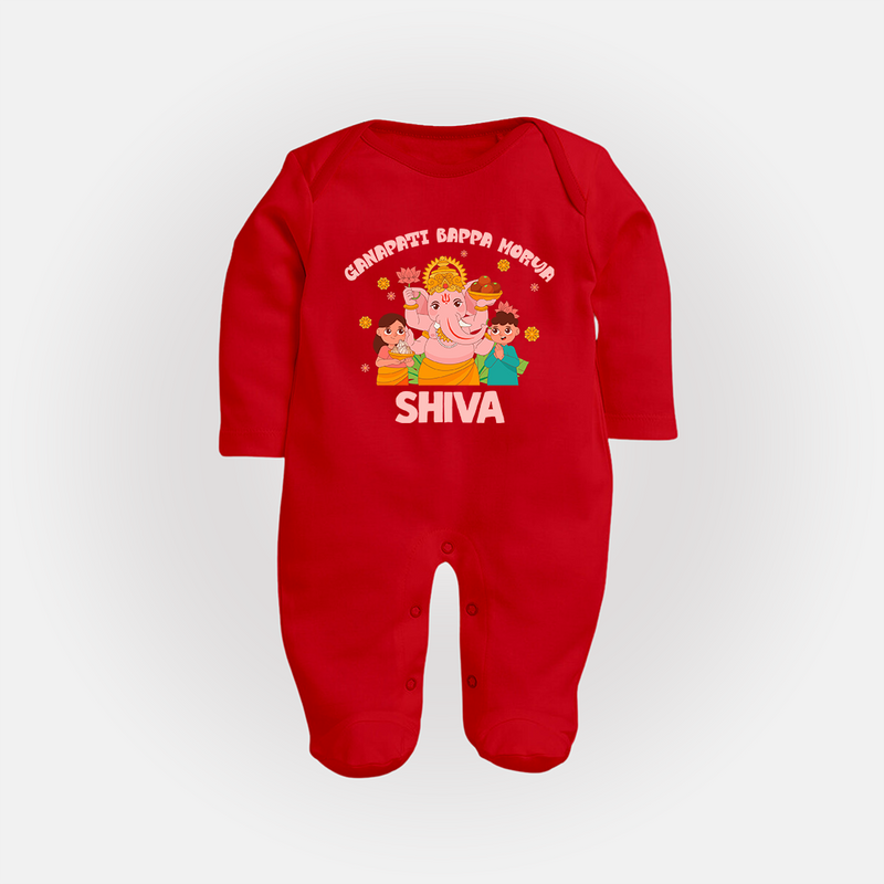 Ganapati Bappa Morya Sleep Suit | Personalized Baby Sleep Suit for Ganesh Chaturthi - RED - New Born (Chest 7.5")