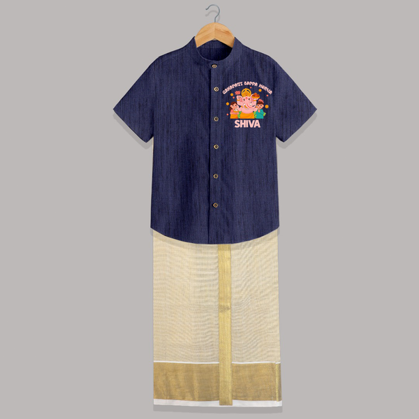 Ganapati Bappa Morya Shirt and Dhoti | Personalized Baby Shirt and Dhoti for Ganesh Chaturthi - DARK BLUE - 0 - 6 Months Old (Chest-23") (Dhoti length-14")