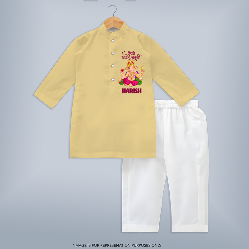 Happy Ganesh Chaturthi kurta Set | Custom Baby kurta Set for the Festival of Ganesh - PASTEL YELLOW - 3 - 6 Months Old (Chest 24", Kurta Length 14'', Waist 19", Pant Length 14")